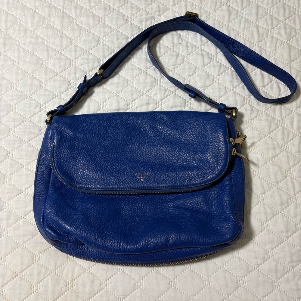 FOSSIL Preston Royal Blue Pebble Grain Leather Flap Crossbody Bag #ZB5875